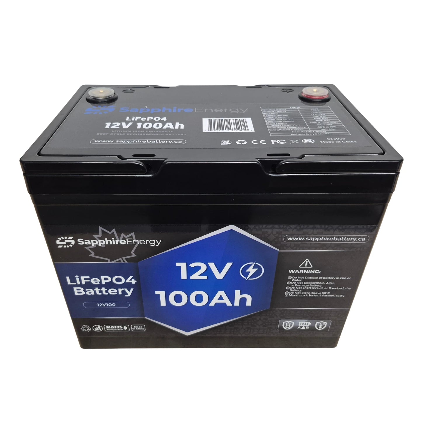 Sapphire Energy lithium iron phosphate battery on a white background