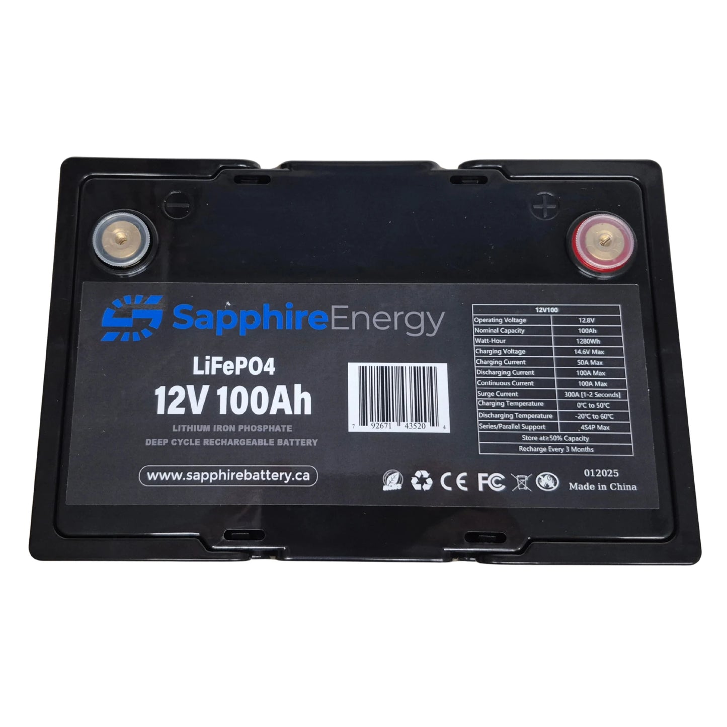 Sapphire Energy lithium-ion battery with specifications on a white background