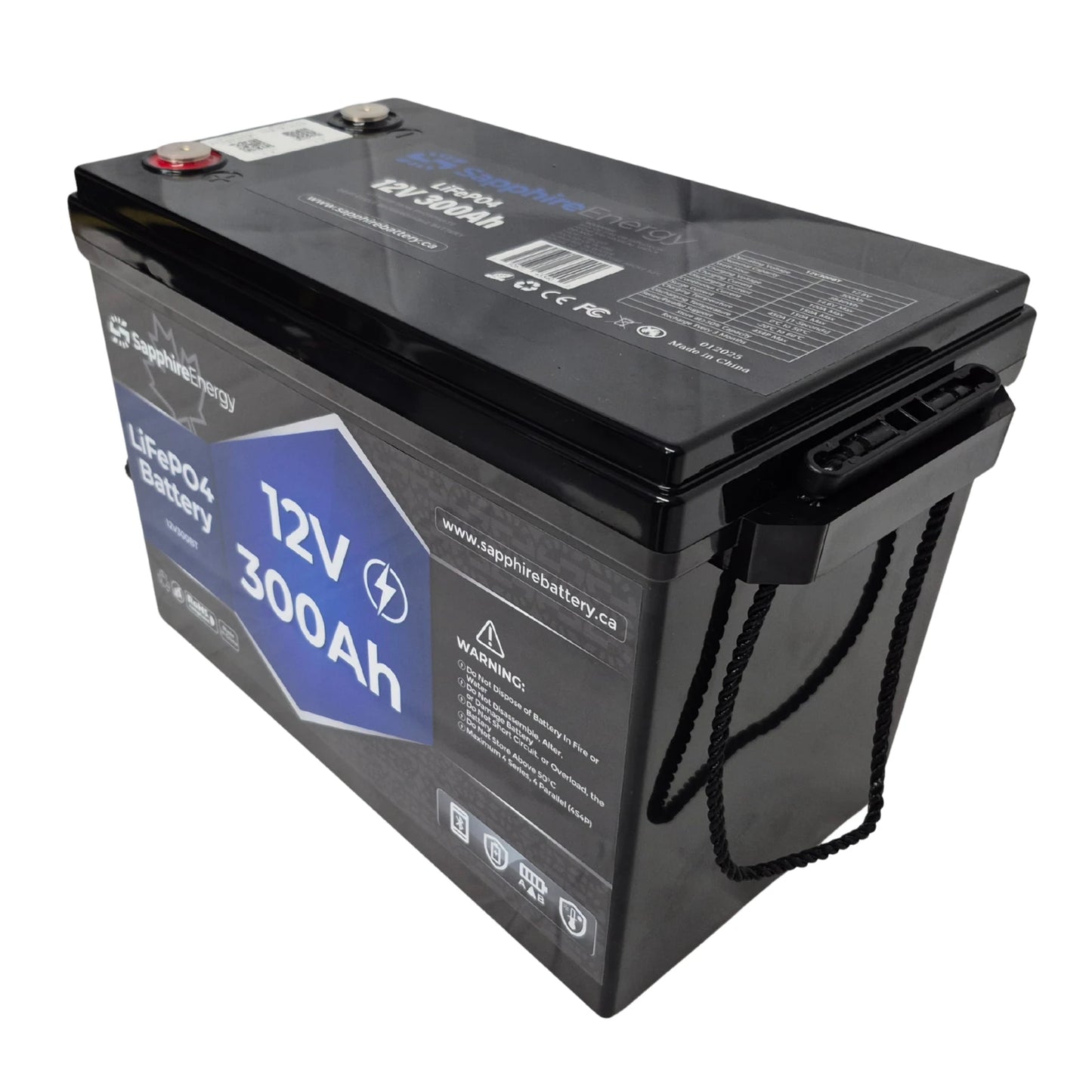 Sapphire battery with 12V and 300Ah specifications on a white background