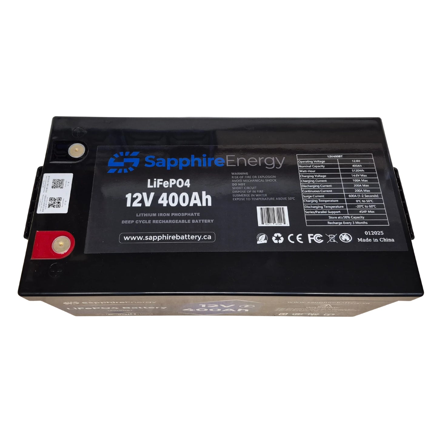 12 Volt 400 Amp hour Sapphire Lithium Battery (Top View) on a white background