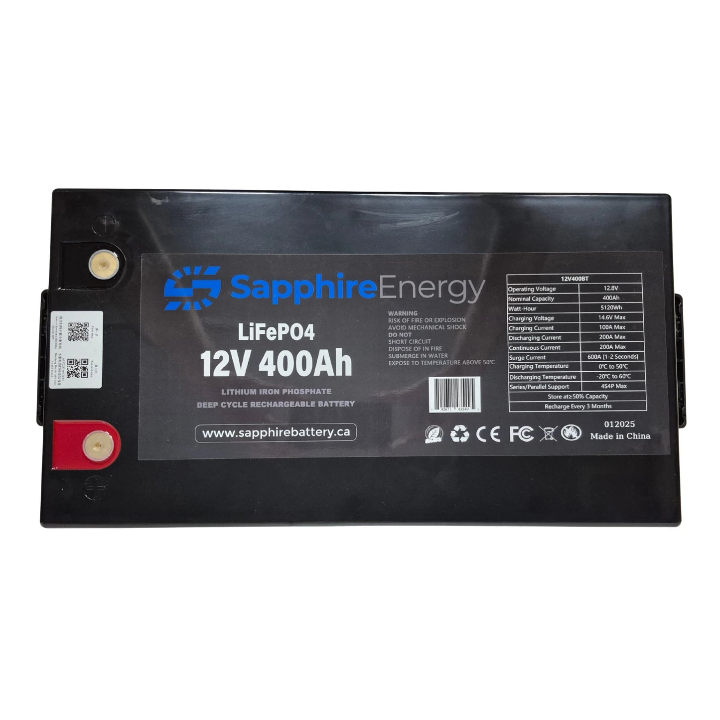 12 Volt 400 Amp hour Sapphire Lithium Battery (Top View) on a white background