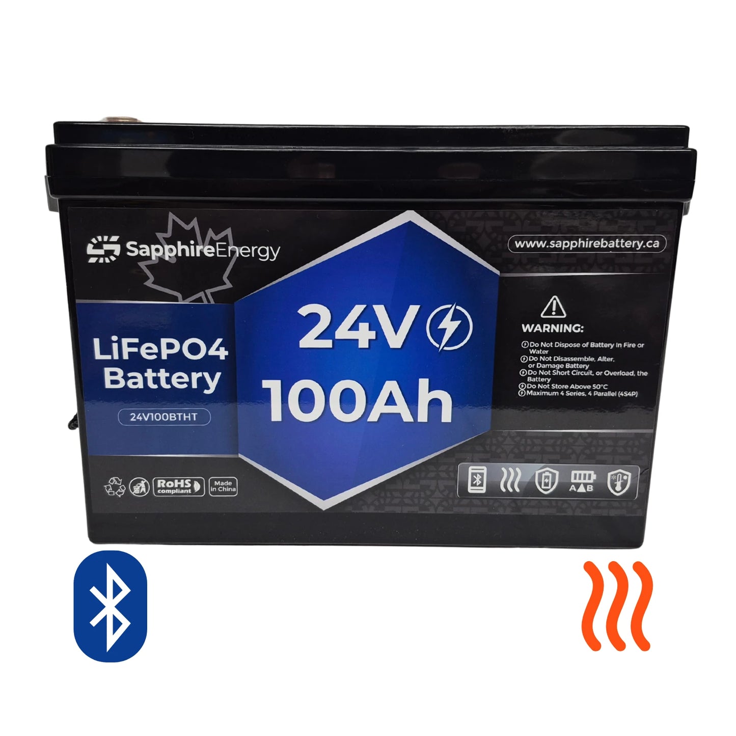 Sapphire Energy LiFePO4 battery with 24V and 100Ah specifications on a white background.
