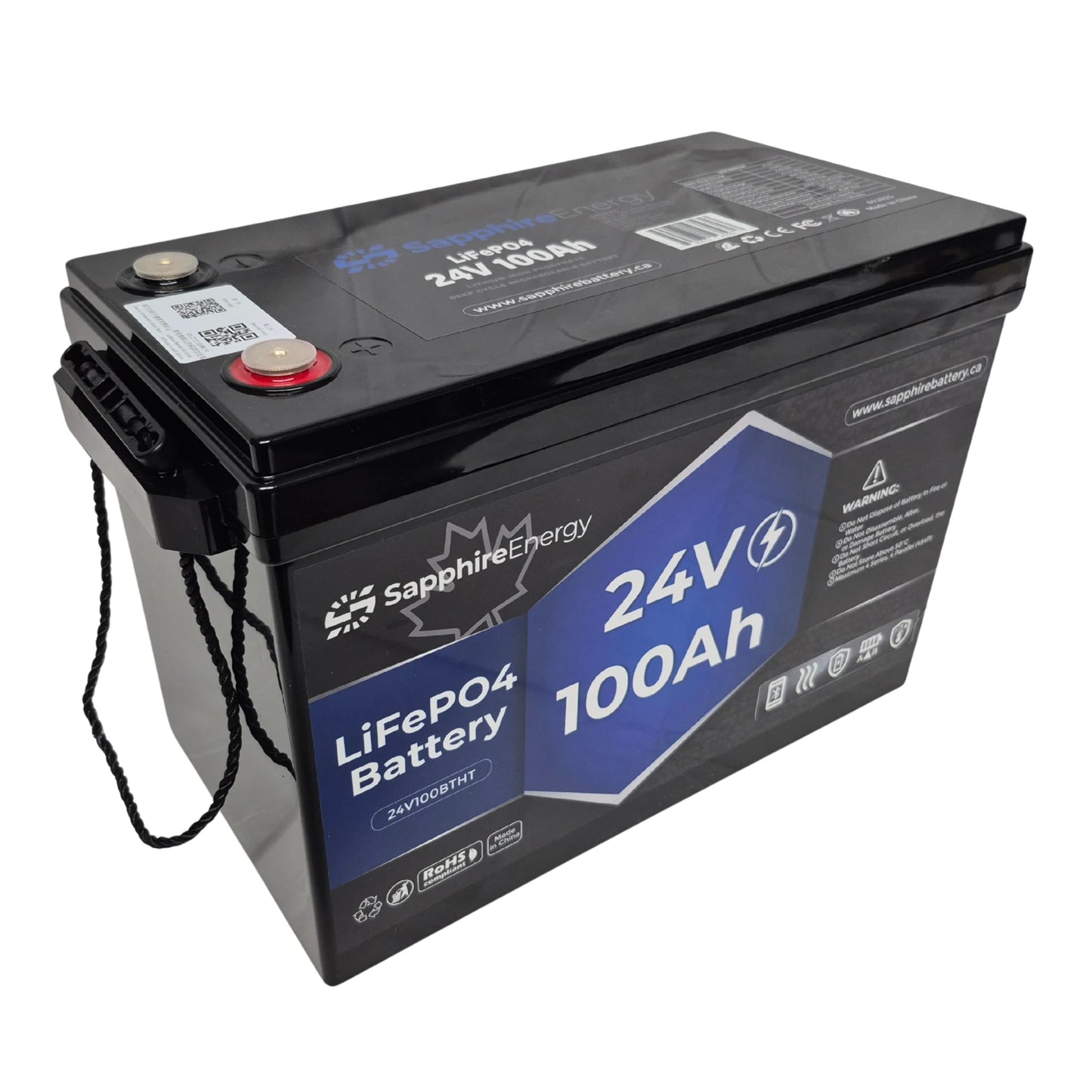 24V 100Ah lithium iron phosphate battery with Sapphire Energy branding on a white background