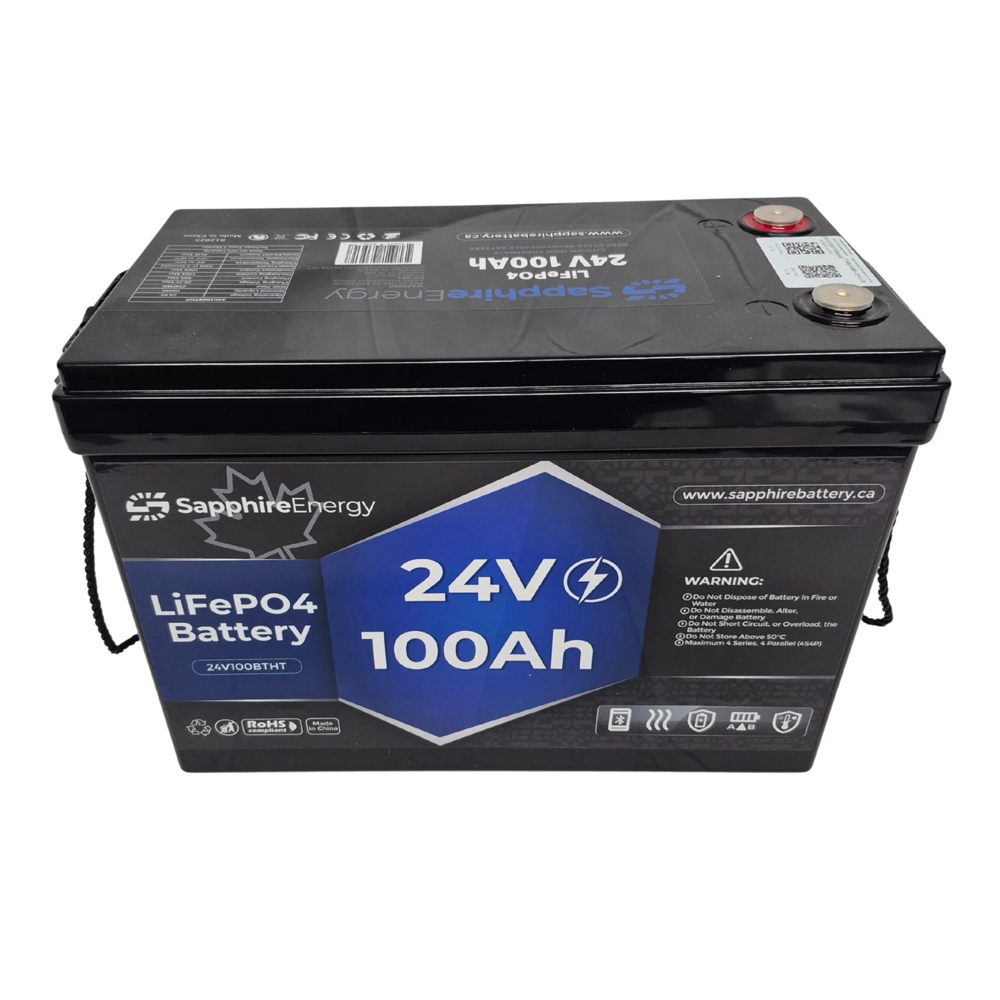 24V 100Ah battery with Sapphire Energy branding on a white background