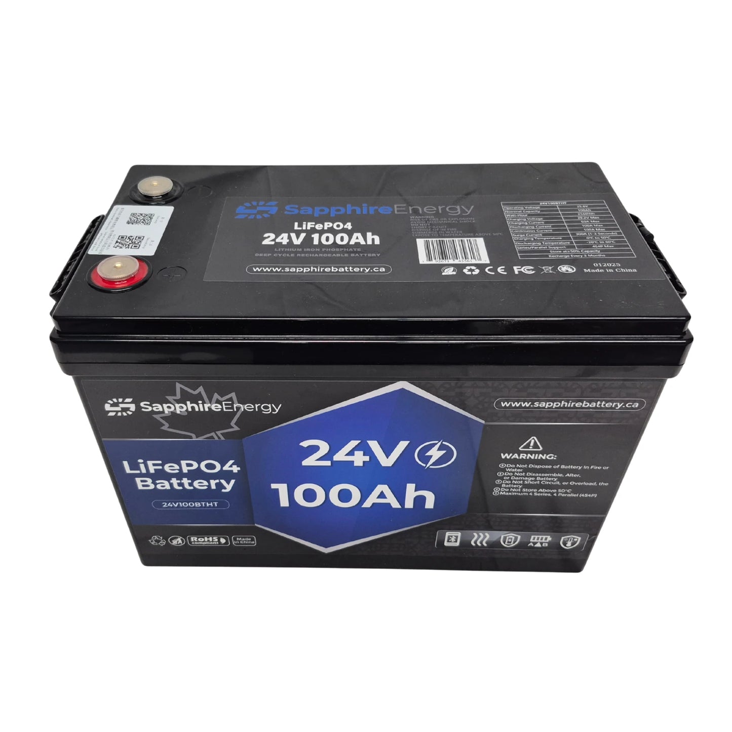 Sapphire Energy 24V 100Ah battery on a white background