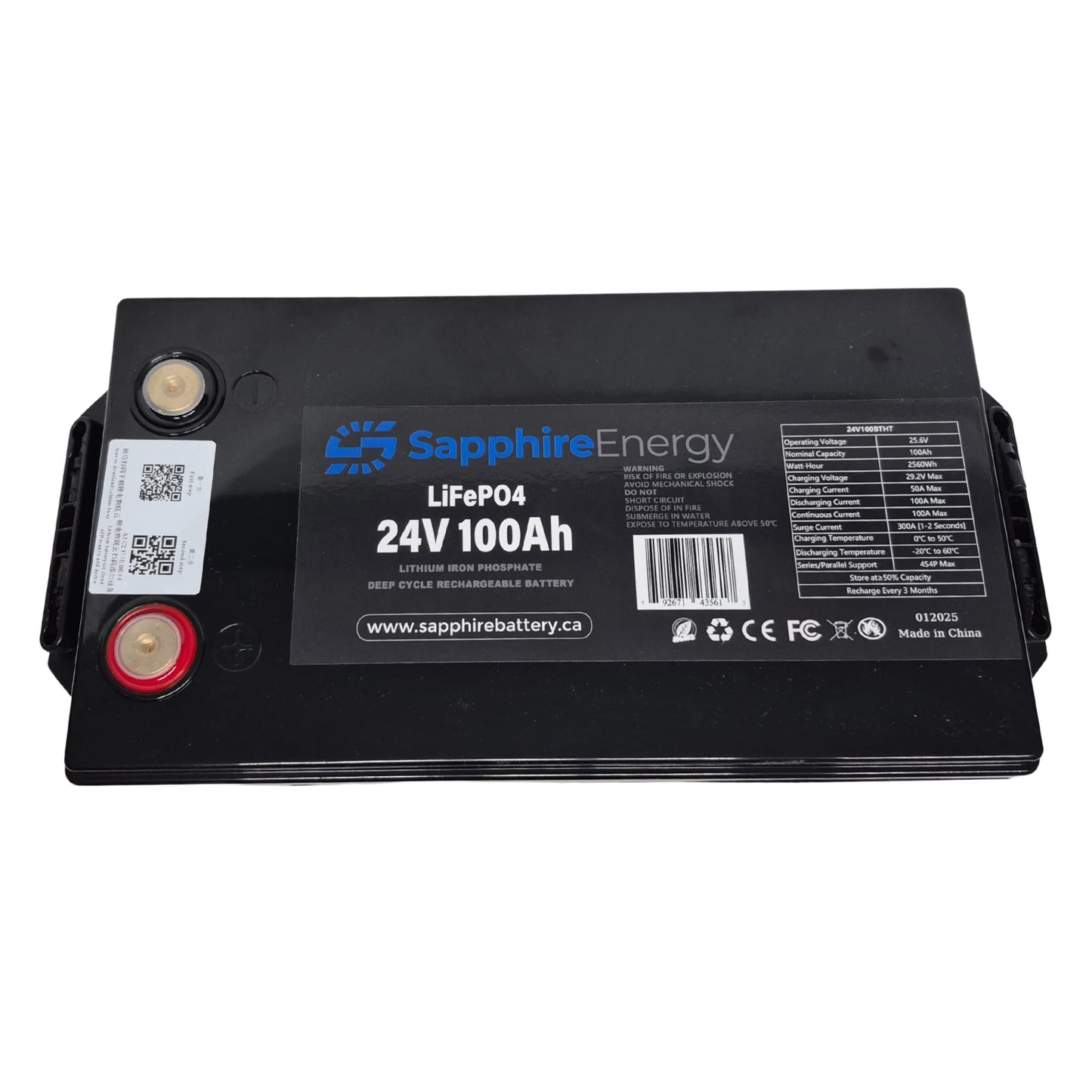 24V 100Ah Sapphire Energy battery top view on a white background