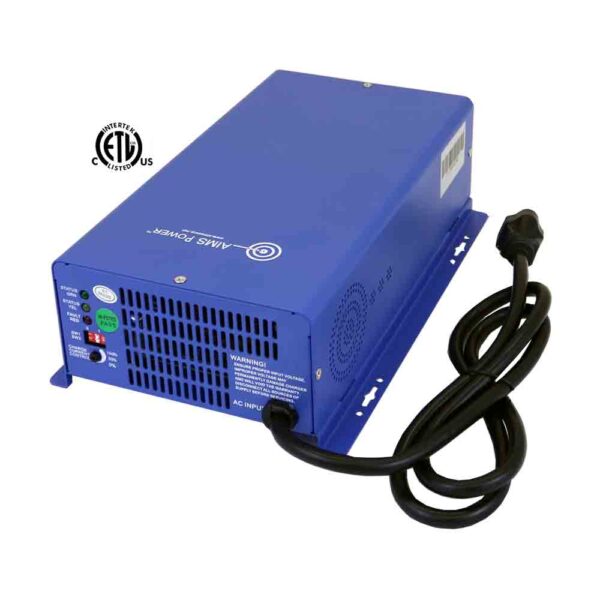 A blue power converter/charger with a power cord, designed for use with RVs and boats, listed to UL 458 and CSA 22.2 standards.