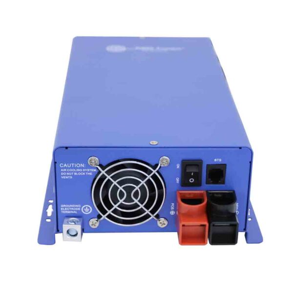 A blue AIMS Power 12V/24V AC to DC converter with various input and output ports, switches, and a caution sign on the front.