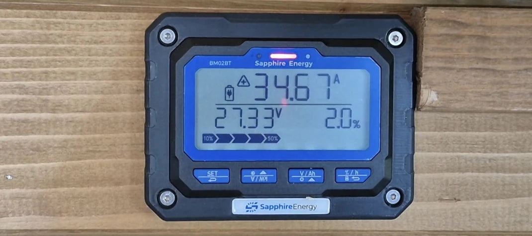 Digital display with Sapphire Energy branding on a wooden surface