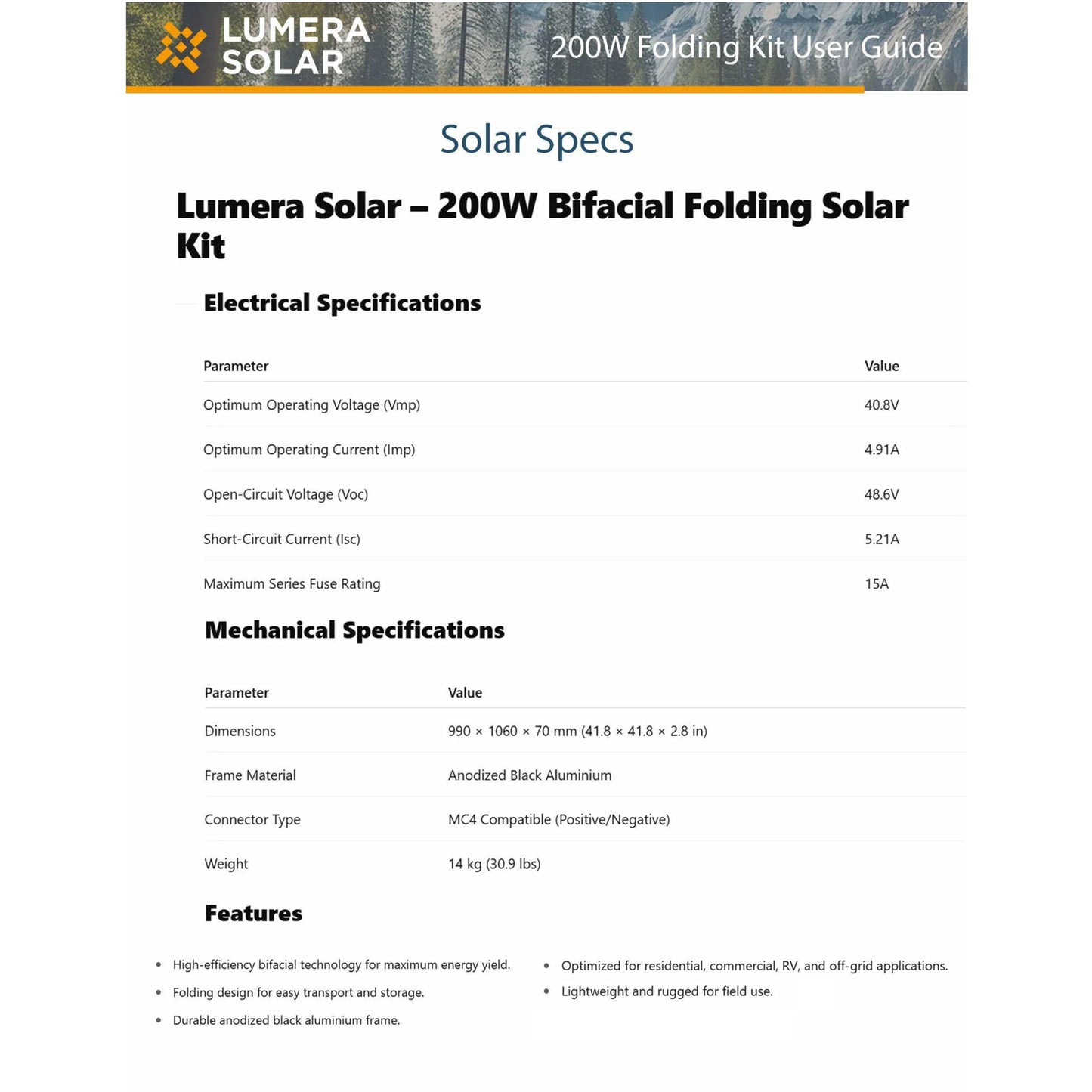200 Watt Folding Solar Panel Kit (NO MPPT)
