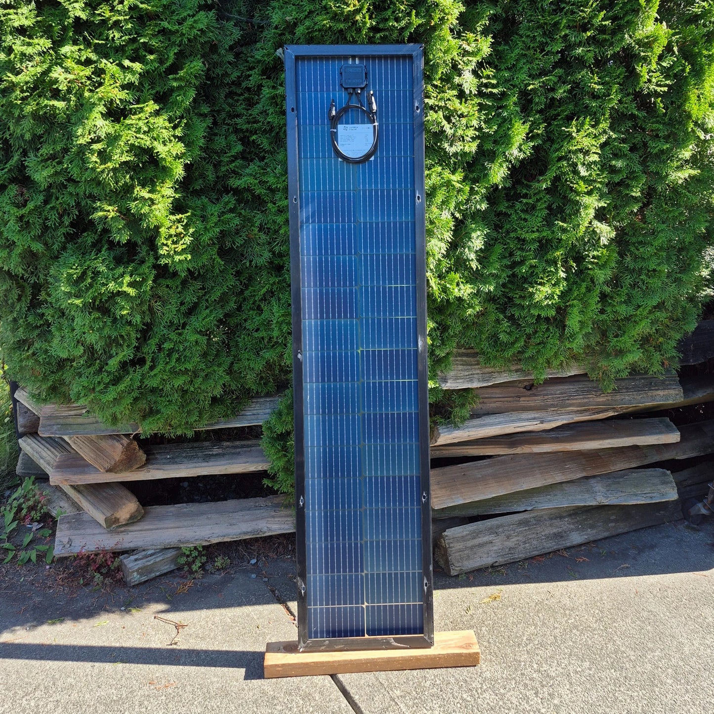 Lumera 140W LS140BI solar panel leaning against a green hedge
