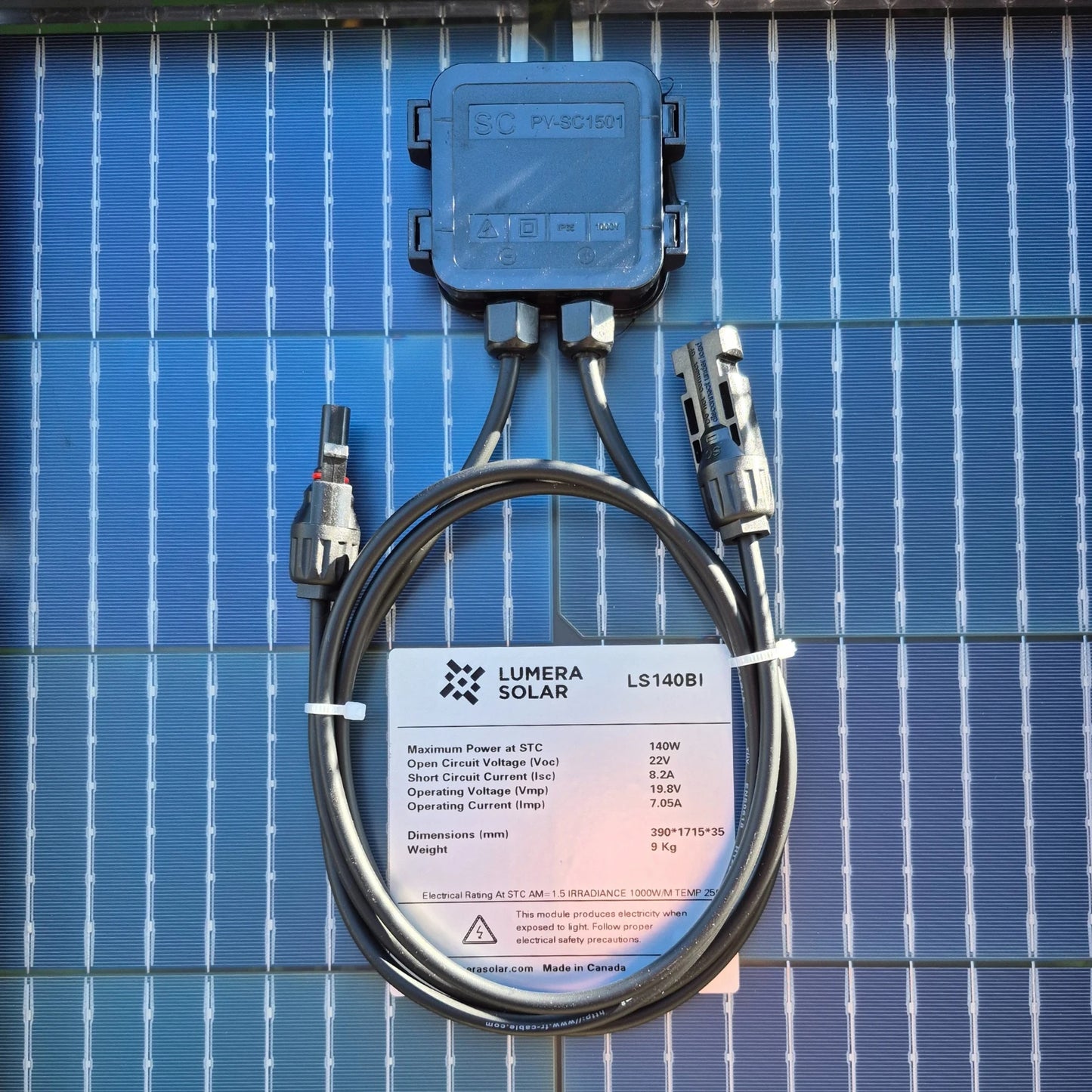 Lumera Solar panel connection kit on a solar panel background with specifications label