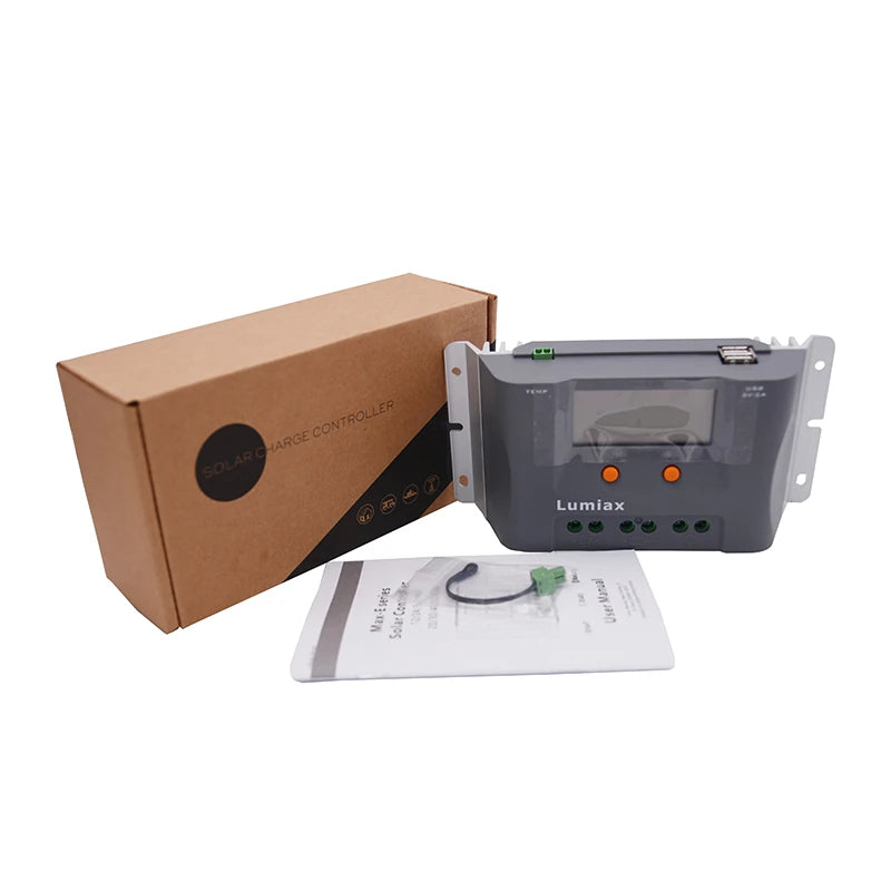 Lumax solar charge controller with packaging and manual on a white background