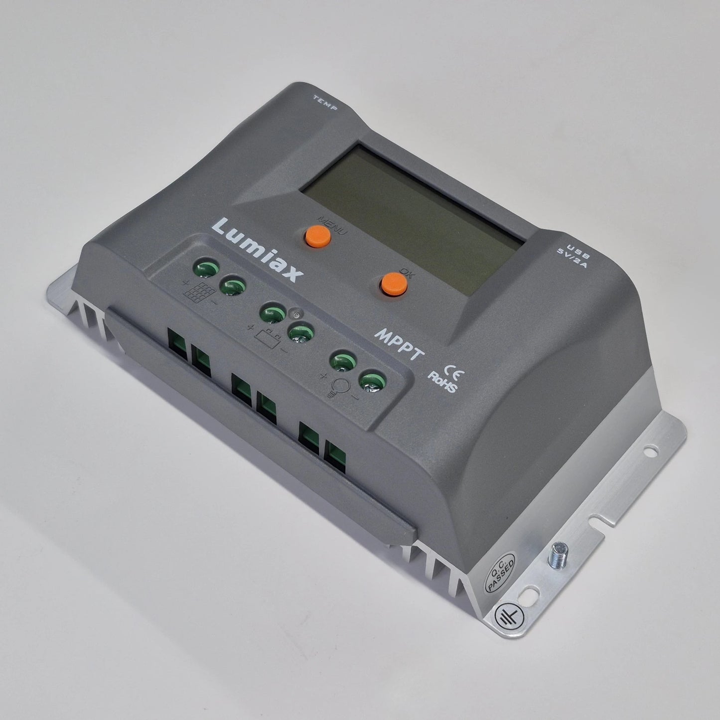 Gray solar controller with Lumiax branding on a light gray background