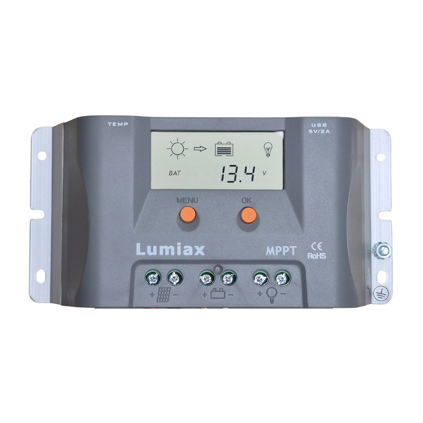 Lumiax solar regulator with digital display on a white background