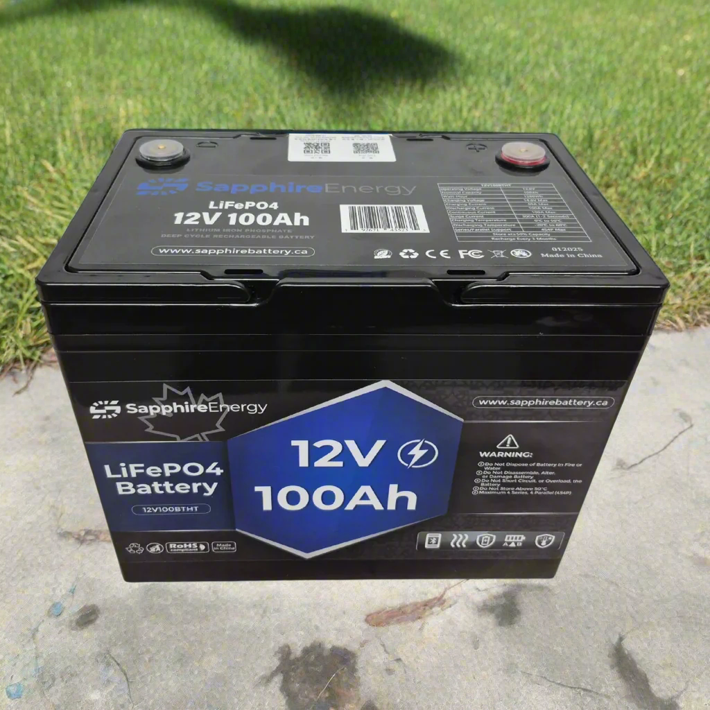 Sapphire Energy 100 Ah Lithium Battery On A Concrete Pad with Grass