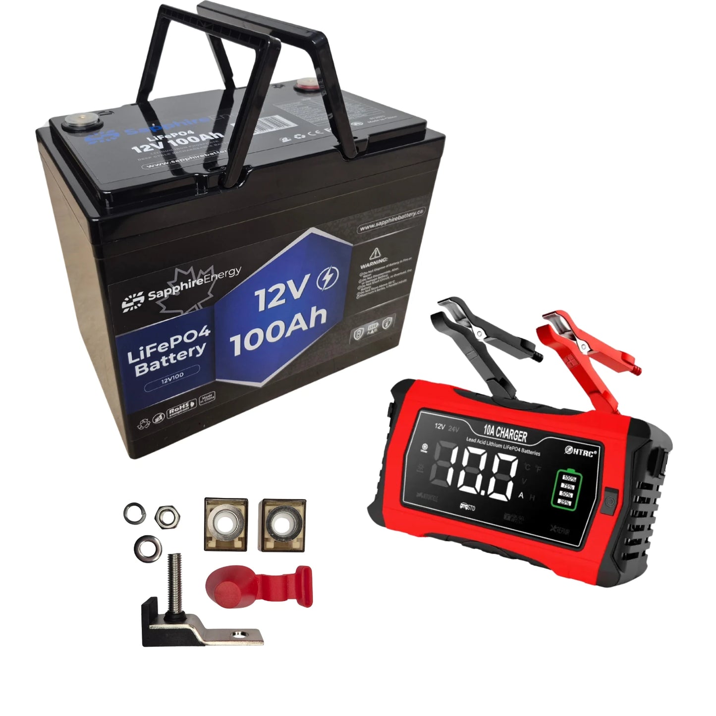 Lithium battery, charger, and fuse kit on a white background