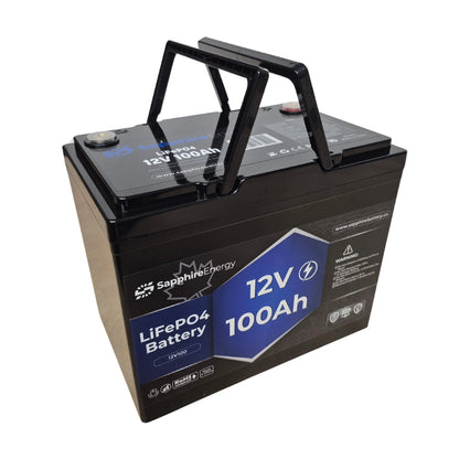 Sapphire Energy LiFePO4 battery with 12V and 100Ah specifications on a white background