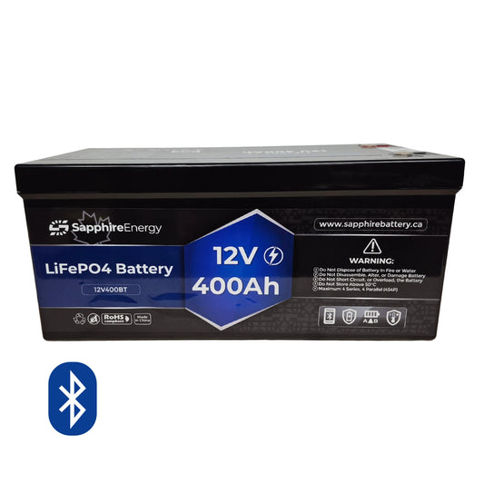 12 Volt 400 Amp hour Sapphire  Lithium Battery on a white background with bluetooth logo