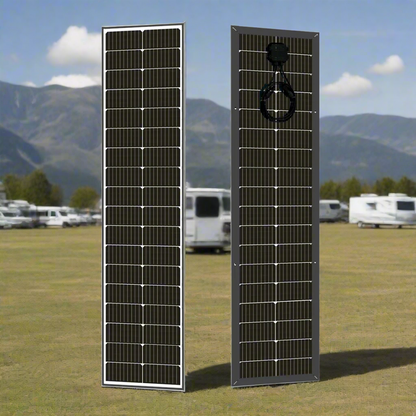 Two solar panels on a grassy field with mountains in the background