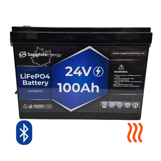 Sapphire Energy LiFePO4 battery with 24V and 100Ah specifications on a white background.