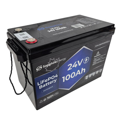 24V 100Ah lithium iron phosphate battery with Sapphire Energy branding on a white background