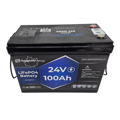 24V 100Ah battery with Sapphire Energy branding on a white background