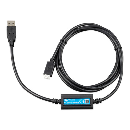 A black USB adapter cable with a USB-A connector on one end and a USB-C to USB-A adapter on the other, featuring a central black box with a blue label that reads 'YE.Direct to USB'.