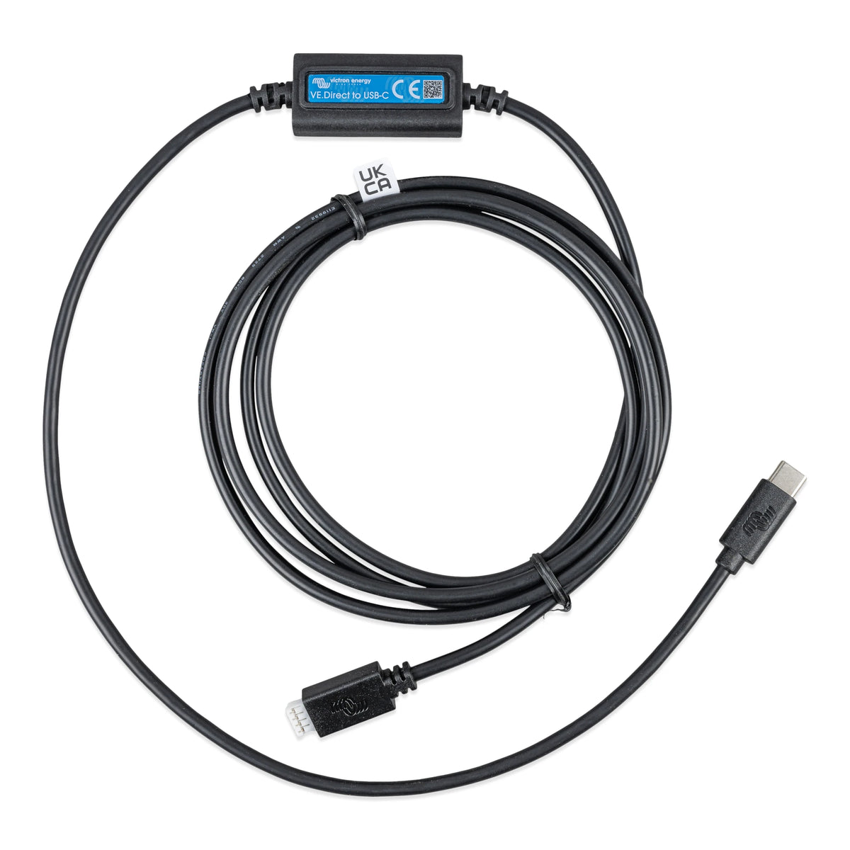 A black USB-C to Lightning cable with a central black adapter module, coiled on a white background. The adapter has a blue label with 'TECHWAVE' and 'ENGINEERING' printed on it.