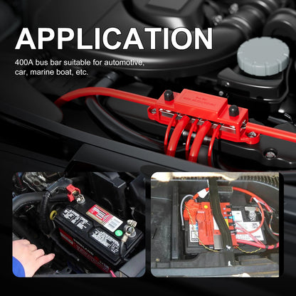 Red automotive bus bar connector shown installed in a car engine bay, with text reading 'APPLICATION' and two inset photos demonstrating use around a car battery and in a marine electrical system.