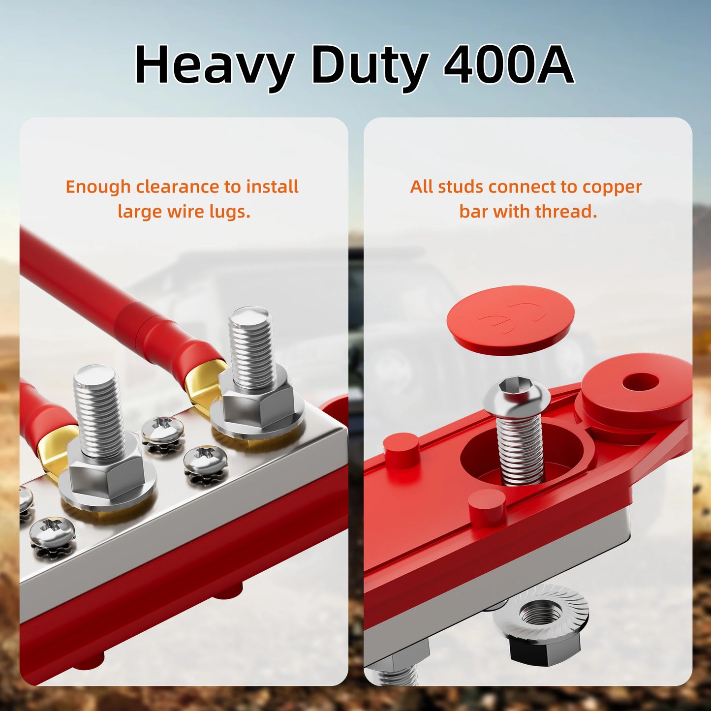Technical product graphic showing two close-up views of a red and silver heavy-duty electrical terminal component with large threaded studs and copper bar connection details. Text at top reads 'Heavy Duty 400A' with explanatory callouts on each panel.