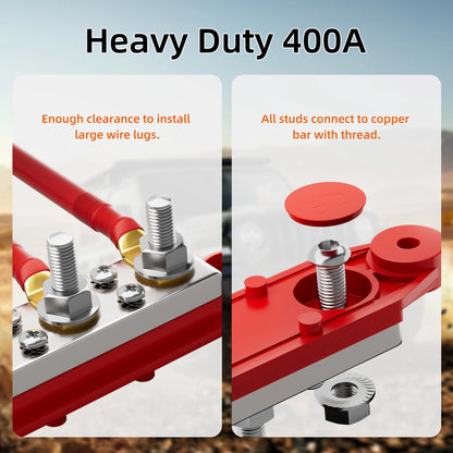 Technical product graphic showing two close-up views of a red and silver heavy-duty electrical terminal component with large threaded studs and copper bar connection details. Text at top reads 'Heavy Duty 400A' with explanatory callouts on each panel.