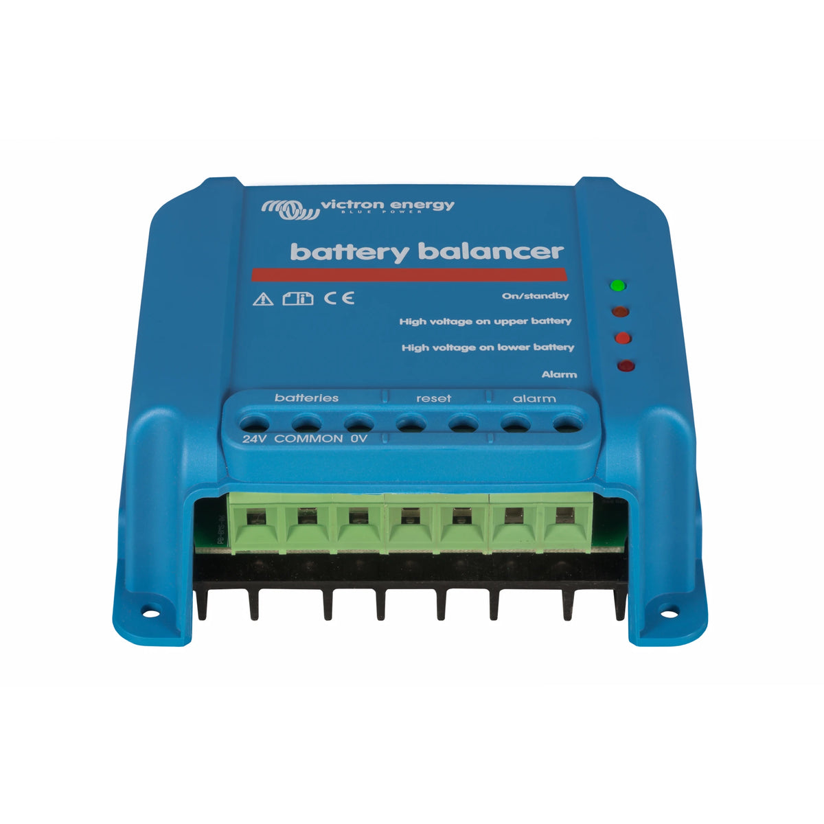 A Victron Energy battery balancer device in blue plastic with green terminal blocks and indicator lights, shown on a plain white background.