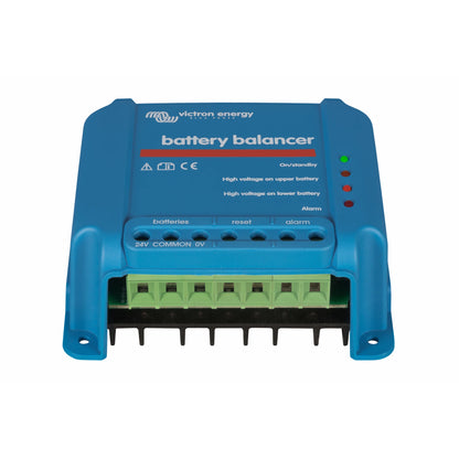 A Victron Energy battery balancer device in blue plastic with green terminal blocks and indicator lights, shown on a plain white background.