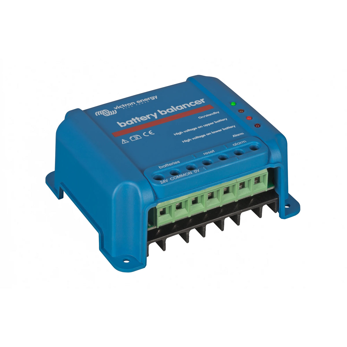 A blue Action Energy battery balancer device with green terminal blocks and indicator lights, shown on a plain white background.