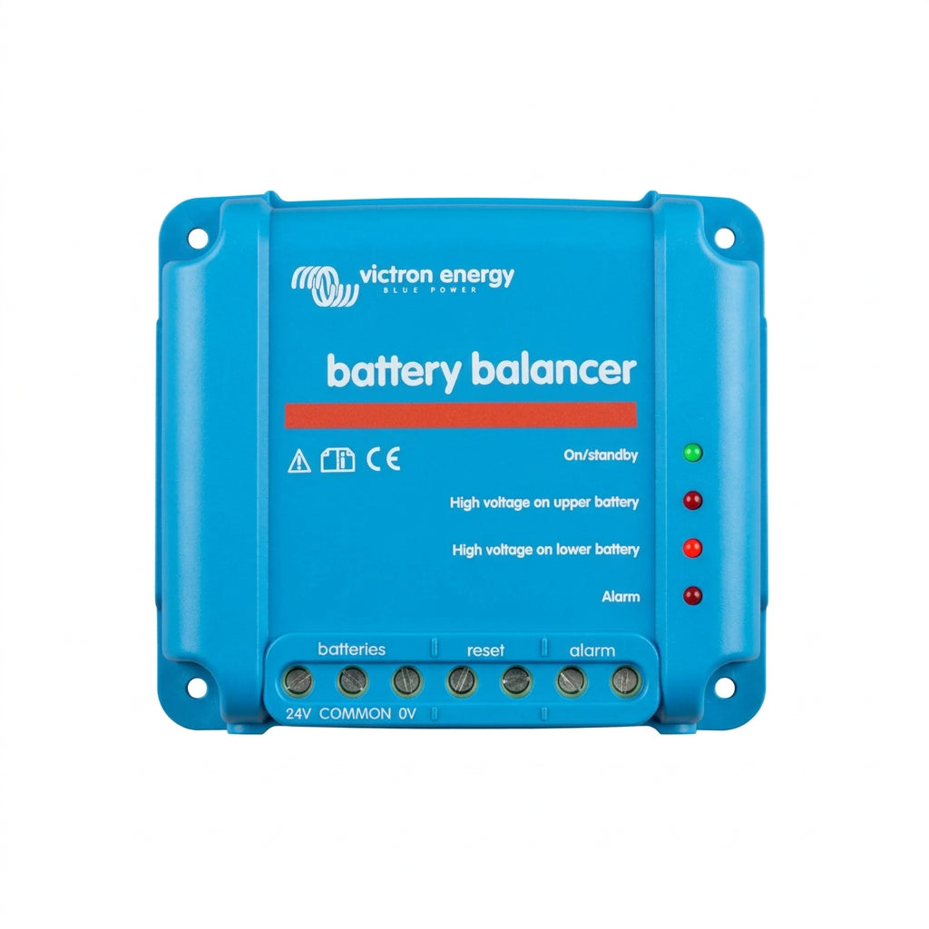 A Victron Energy battery balancer device in blue plastic, featuring white text, red accent lines, and four indicator lights (green, yellow, red, white). The unit is shown against a plain white background.