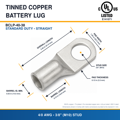 Tinned Copper Crimp Lugs – UL Listed, 600 VDC