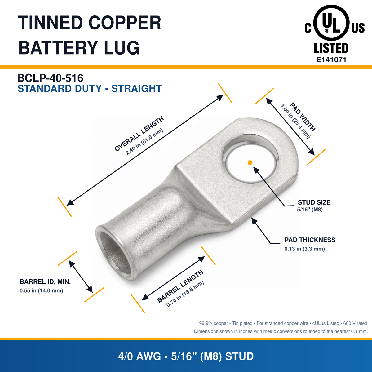 Tinned Copper Crimp Lugs – UL Listed, 600 VDC