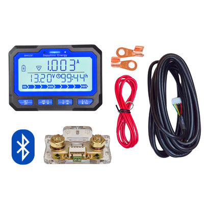 A smart battery monitor kit that includes a blue LCD display with a digital screen, a black and gold shunt, and red and black wires for connection.