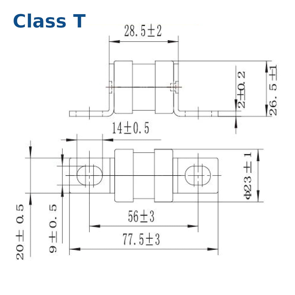 Technical drawing with dimensions labeled for a mechanical component, featuring 'Class T' at the top.