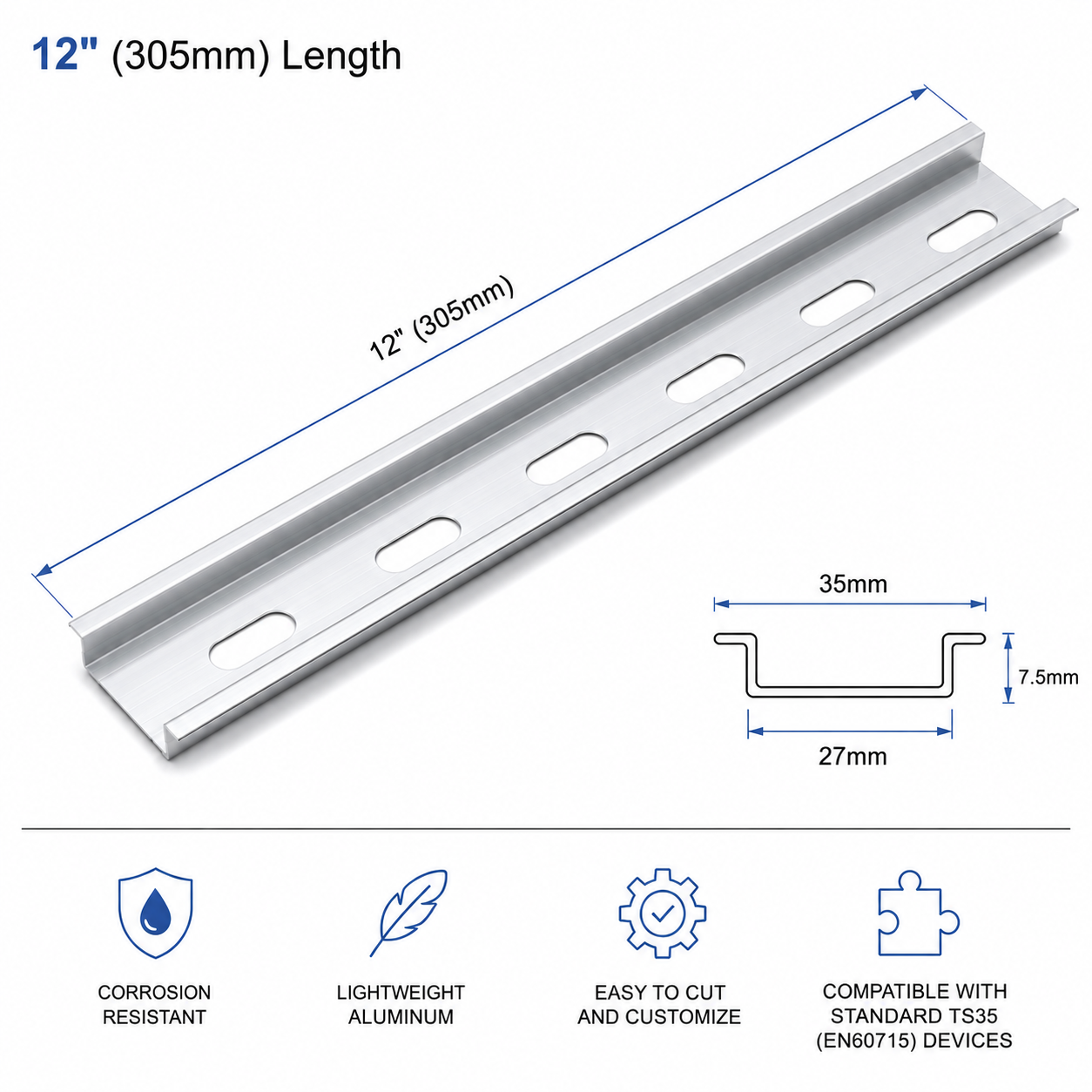 12 inch din rail with dimensions on white background