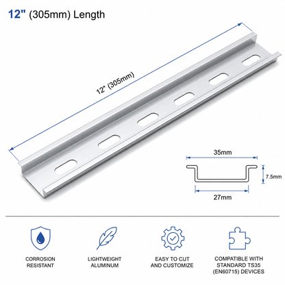 12 inch din rail with dimensions on white background
