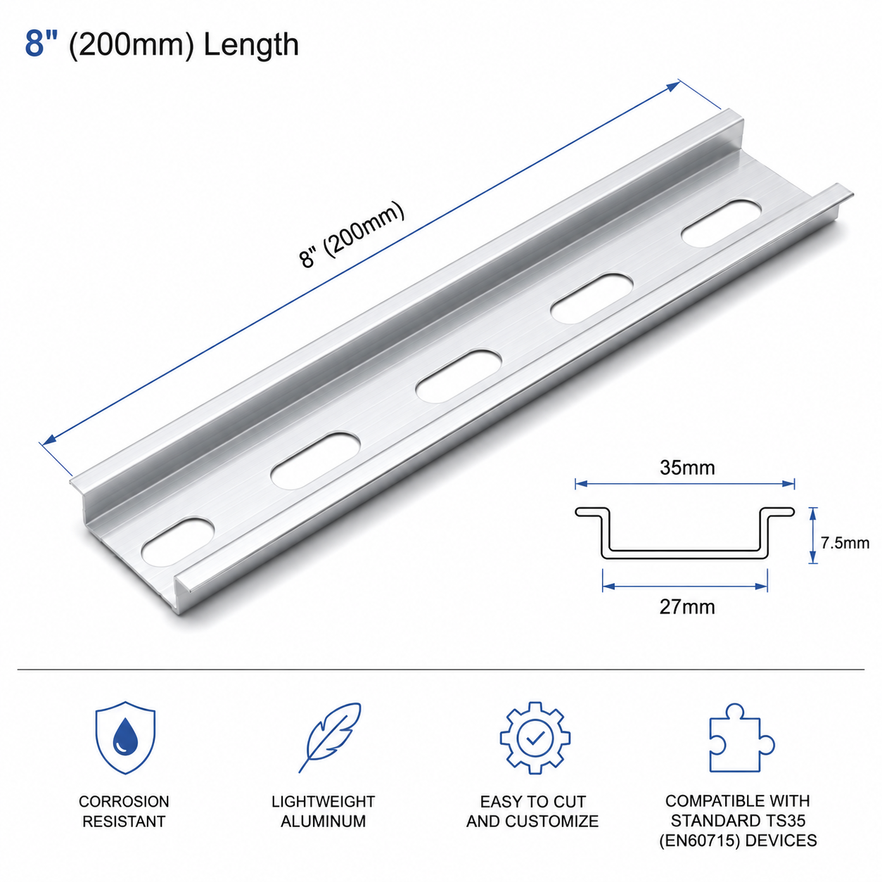 8 inch din rail with dimensions on a white background
