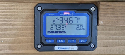 Digital display with Sapphire Energy branding on a wooden surface