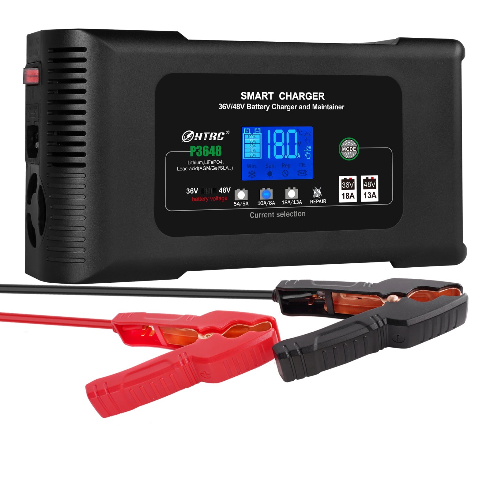 HTRC battery charger with cables on a white background