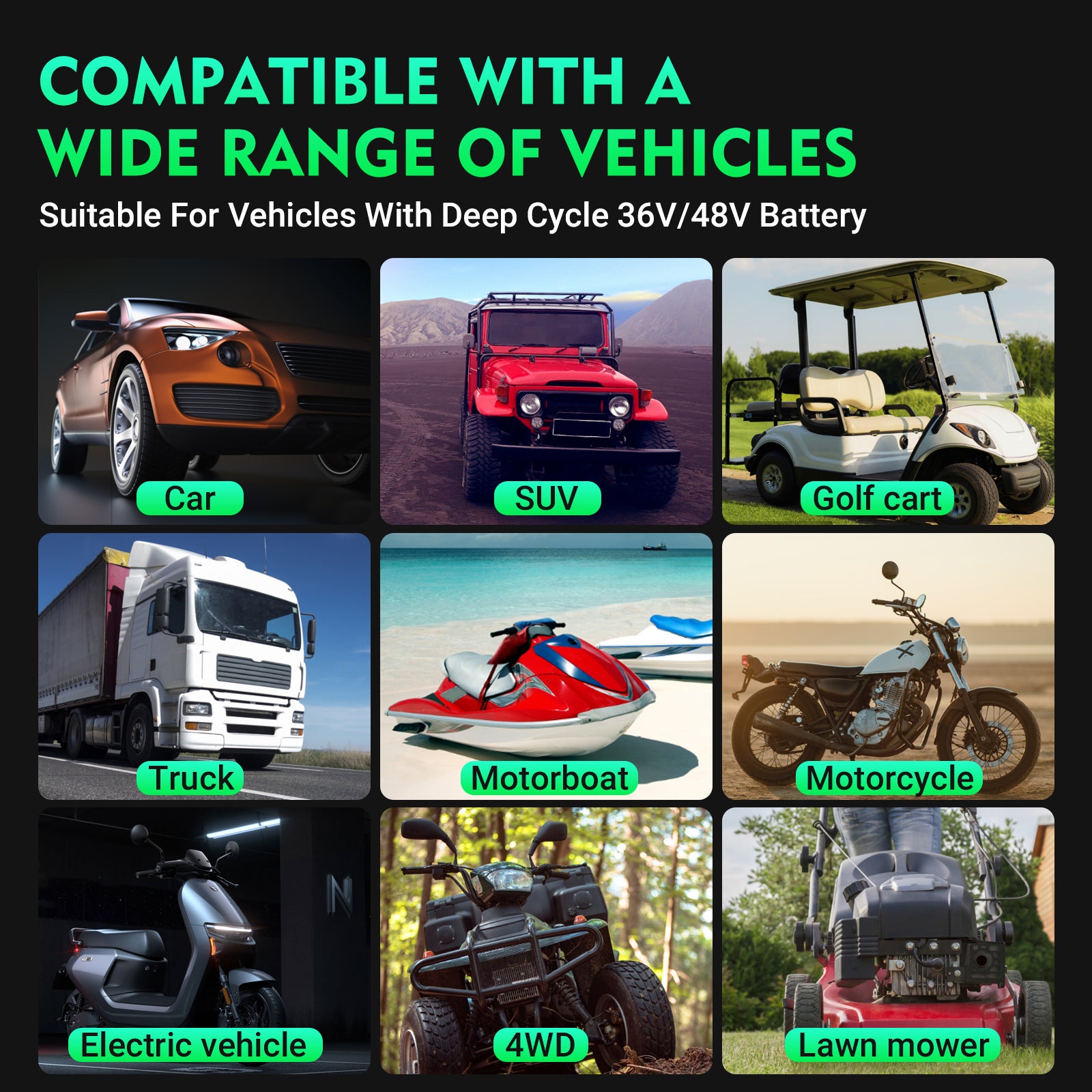 Product compatibility with various vehicles on a black background