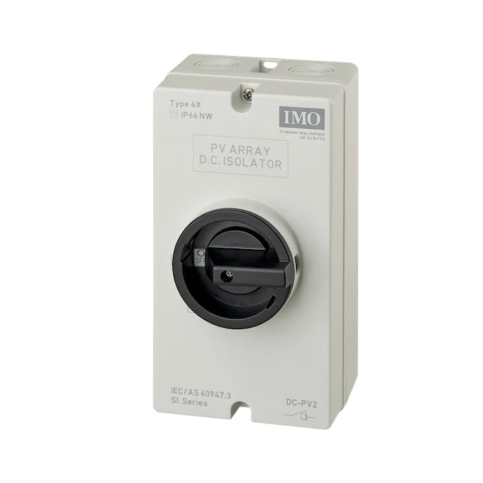 IMO Brand DC PV Solar disconnect on white background