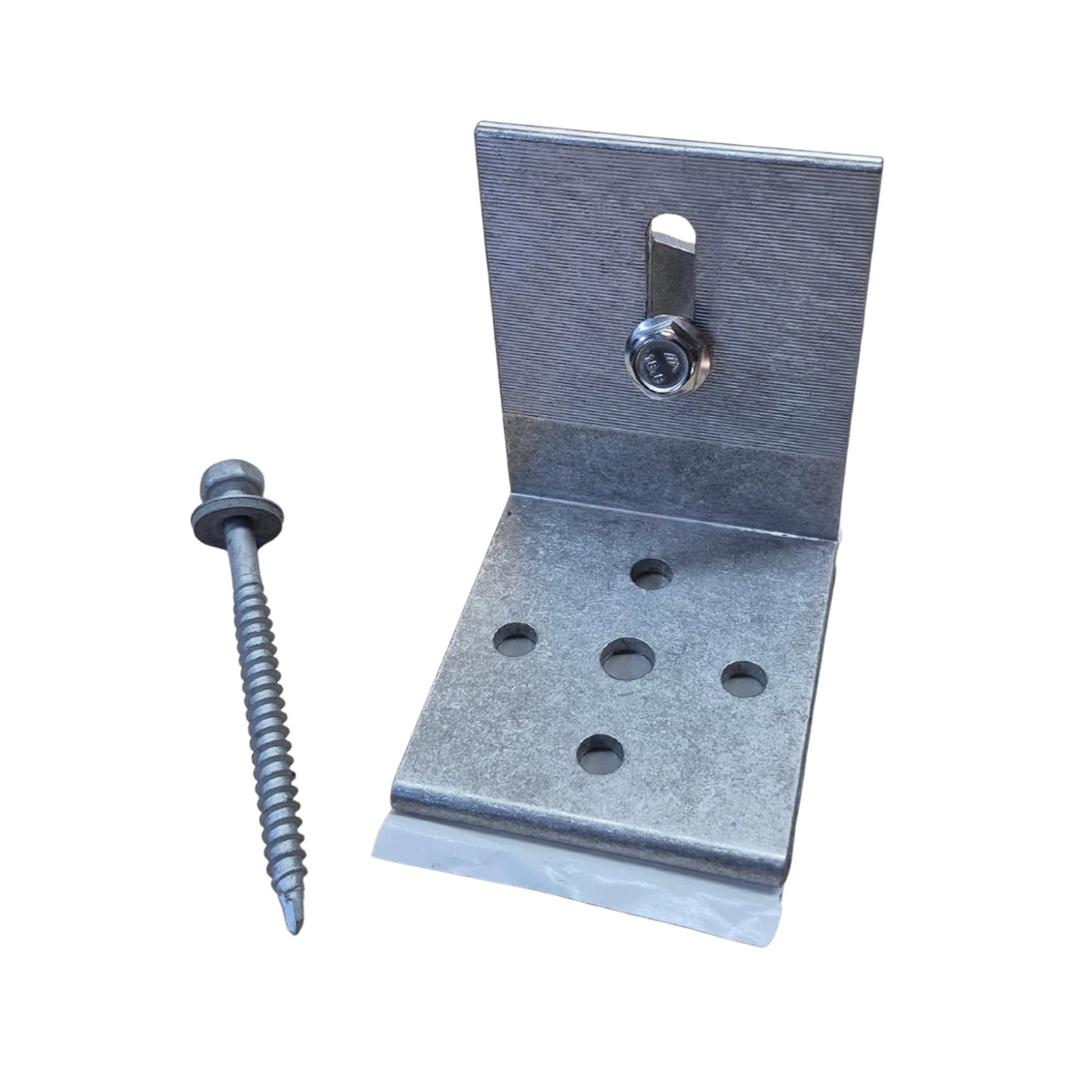 Kinetic Solar Universal L bracket with butyl seal on a white background.  Shown with included screw and bolt hardware.