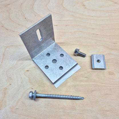 Kinetic Solar Universal L bracket with butyl seal on a wood background.  Shown with included screw and bolt hardware.