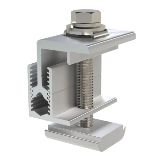 Metal solar panel clamp with a hex bolt on a white background